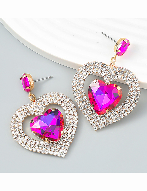 Fashion Rose Red Alloy Diamond Heart Stud Earrings