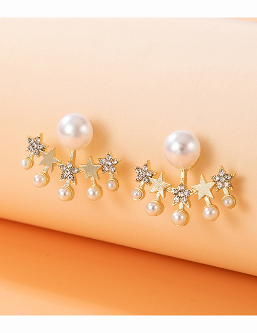 Fashion Silver Color Alloy Diamond Set Pearl Pentagram Stud Earrings