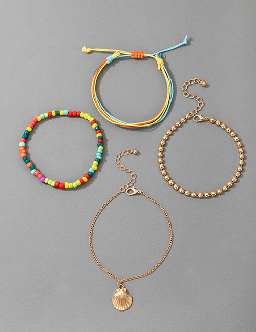 Fashion Color Alloy Colorful Rice Beads Beaded Cord Braided Shell Anklet Set