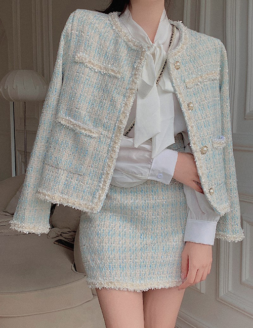 Fashion Coat + Skirt Geometric Tweed Breasted Pocket Jacket Skirt Set