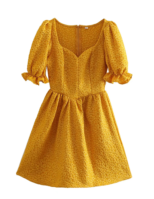 Fashion Yellow Jacquard V-neck Short Sleeve Dress