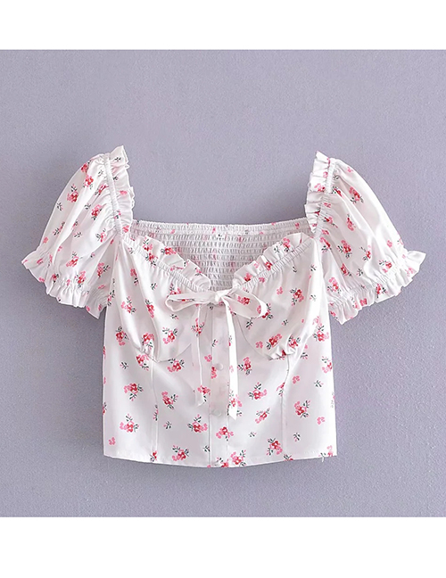 Fashion White Floral Tie-up Pleated Top With Fungus Trim