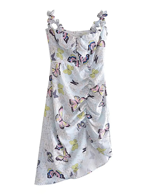 Fashion Printing Butterfly Print Irregular Pleated Slip Dress