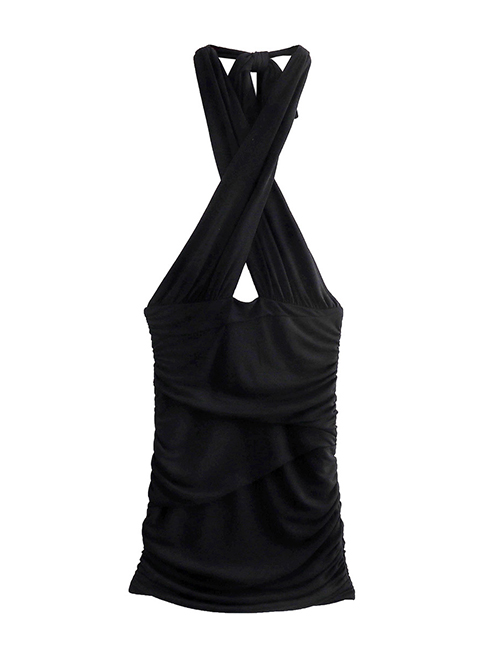 Fashion Black Solid Pleated Cross Knot Dress