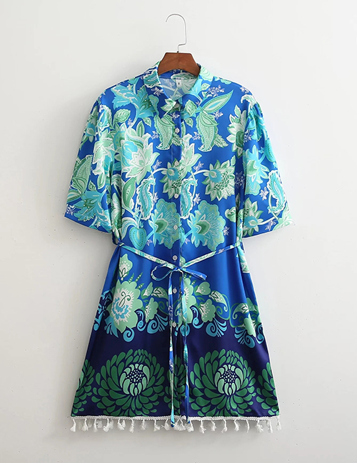Fashion Blue Print Printed Fringe Short Sleeve Shirt Dress