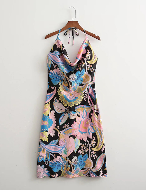 Fashion Printing Satin-print Halterneck Slip Dress