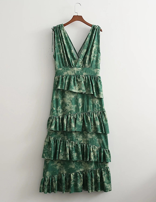Fashion Green Printed Irregular Sleeveless Cake Dress