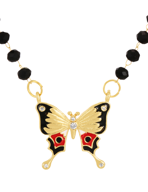 Fashion Black Bronze Zircon Drop Oil Butterfly Pendant Crystal Bead Necklace