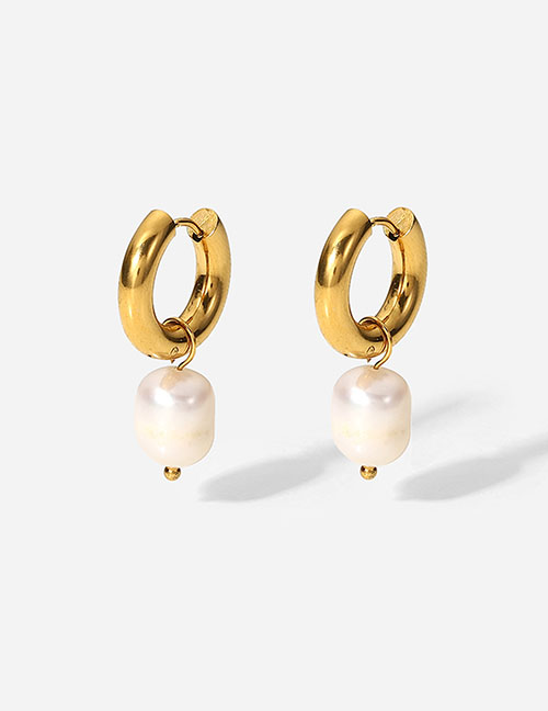 Fashion Gold Stainless Steel Oval Pearl Earrings