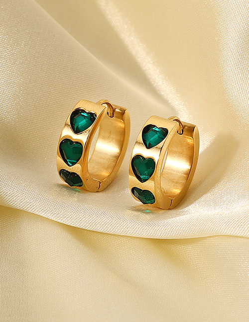 Fashion Green Stainless Steel Heart Rhinestone Earrings