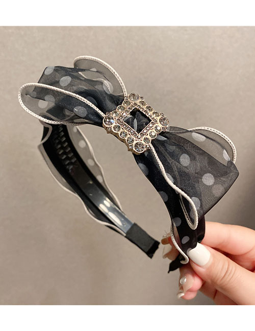 Fashion Black Polka-dot Mesh Bow Headband With Diamonds