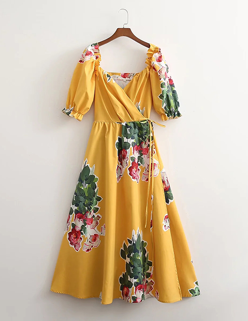 Fashion Yellow Printed V-neck Pleated Dress