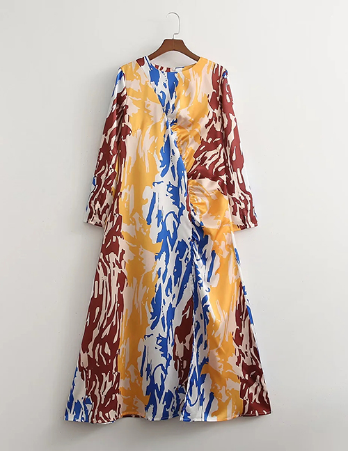 Fashion Splicing Paneled Printed Satin Crinkled Long-sleeve Dress