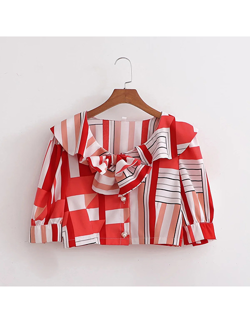 Fashion Red Geometric-print Button-up Lace Shirt
