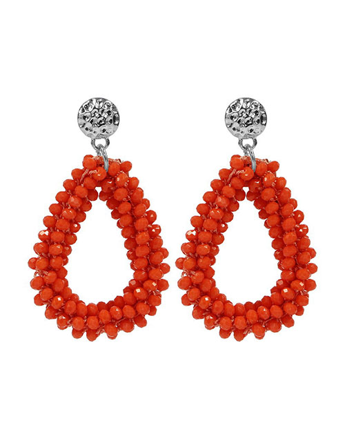 Fashion Coral Red Geometric Crystal Bead Braided Drop Stud Earrings