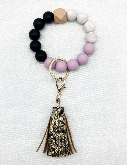 Fashion Gold Color Bronze Wood Beads Silicone Beads Beaded Leather Tassel Ring Keychain