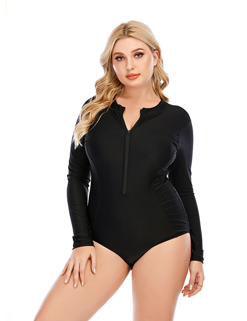 Fashion Black Polyester Zip Long Sleeve One Piece Swimsuit