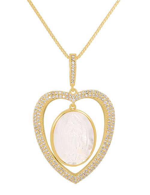 Fashion Gold-3 Bronze Zircon Heart Shell Portrait Pendant Necklace