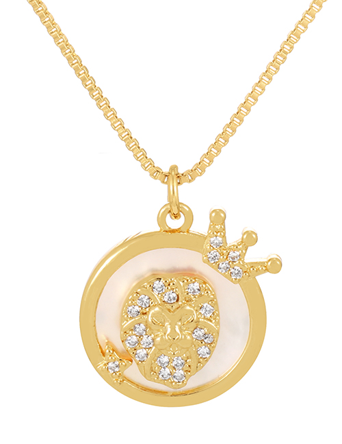Fashion Gold-2 Bronze Zircon Shell Lion Crown Round Pendant Necklace