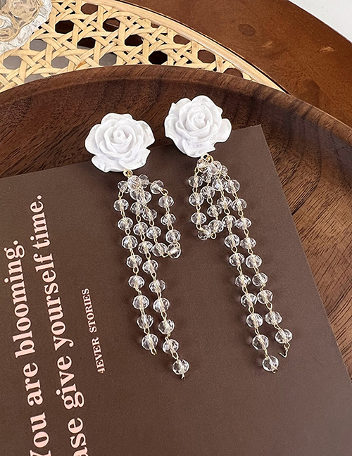 Fashion White Crystal Tassel Camellia Earrings