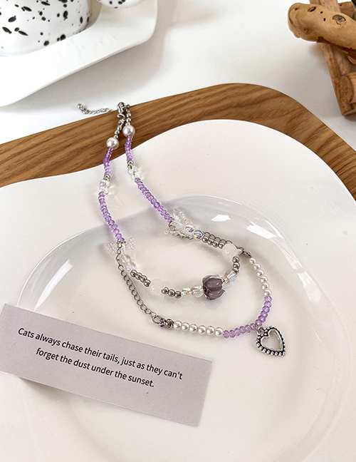 Fashion Purple Crystal Beaded Butterfly Heart Necklace