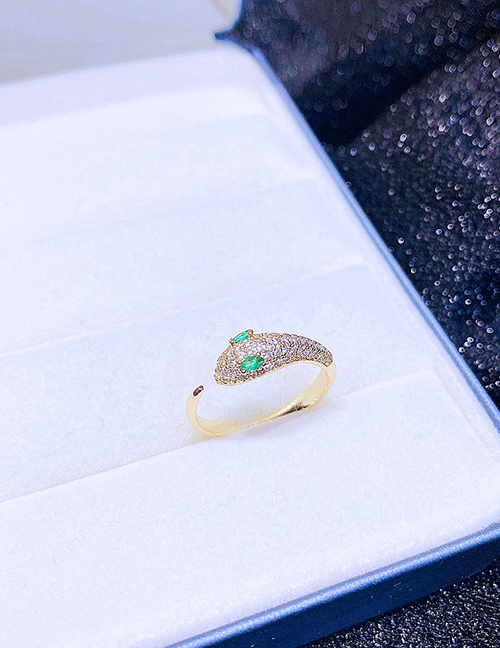 Fashion Gold Plated Bronze Diamond Green Eye Snake Open Ring