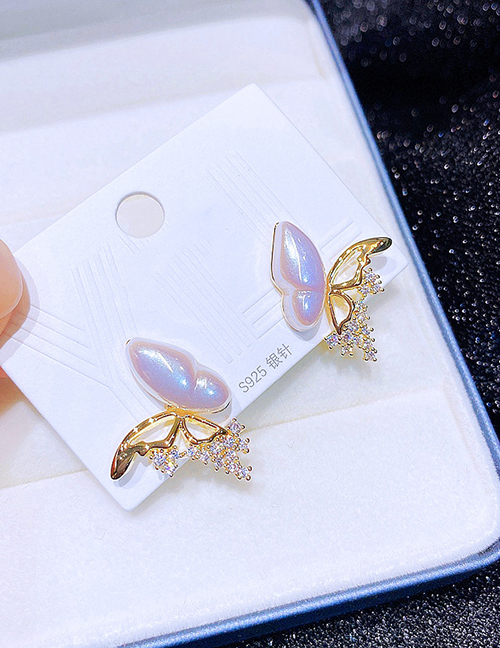 Fashion Gold Copper Inlaid Zirconium Mermaid Pearl Butterfly Stud Earrings