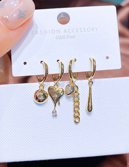 Fashion Gold Plated Brass And Zirconium Heart Chain Earrings Set