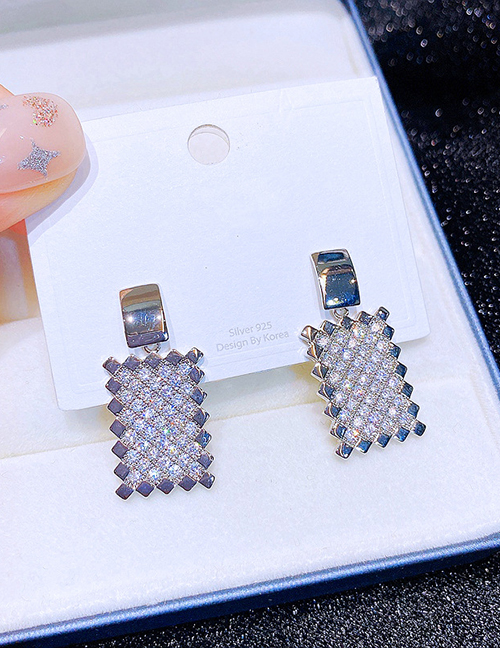 Fashion Silver Brass Inset Zirconium Square Stud Earrings