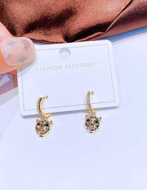 Fashion Gold Brass Inlaid Zirconium Leopard Head Earrings