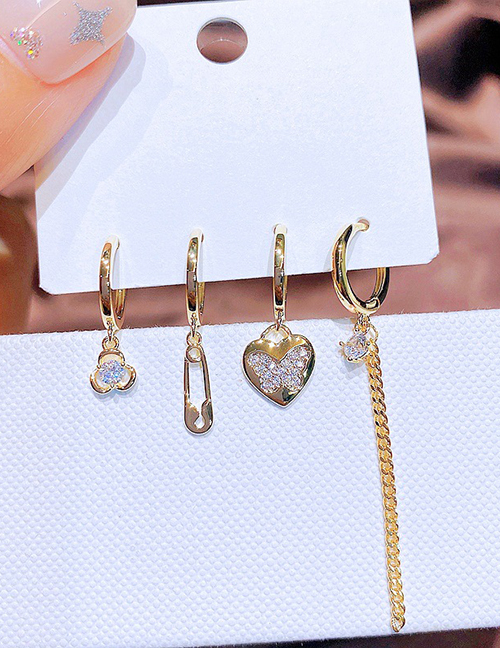 Fashion Gold Brass Diamond Butterfly Flower Pin Earrings Set