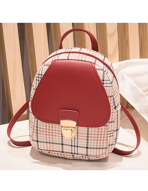 Fashion Red Pu Check Lock Large Capacity Backpack
