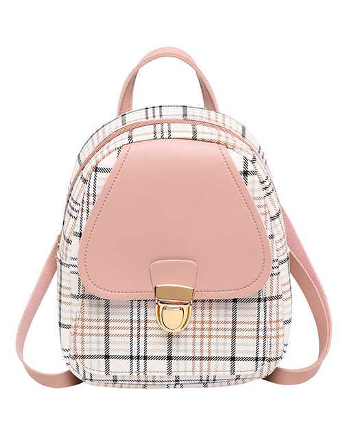 Fashion Pink Pu Check Lock Large Capacity Backpack