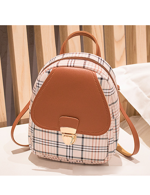 Fashion Brown Pu Check Lock Large Capacity Backpack