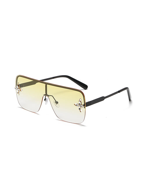 Fashion Gradient Yellow One Piece Square Large Frame Cutout Flower Sunglasses