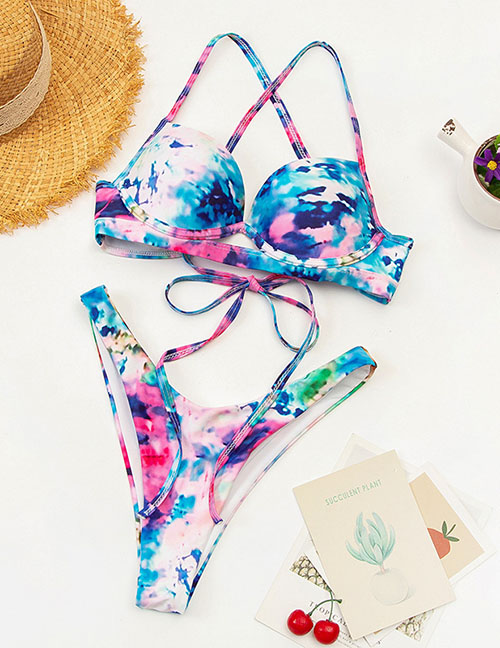 Fashion Gradient Polyester Print Lace-up Swimsuit