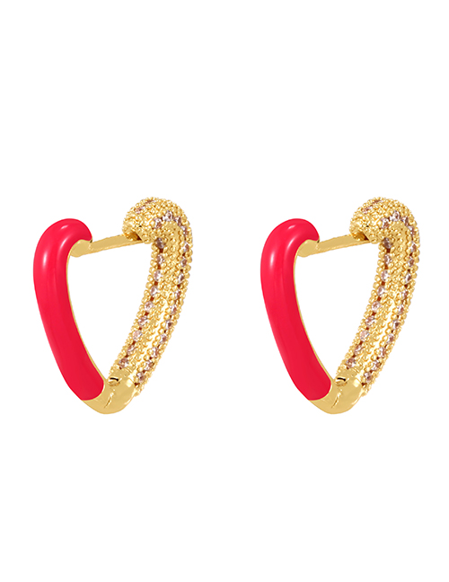 Fashion Red Copper Inlaid Zircon Drip Oil Heart Earrings