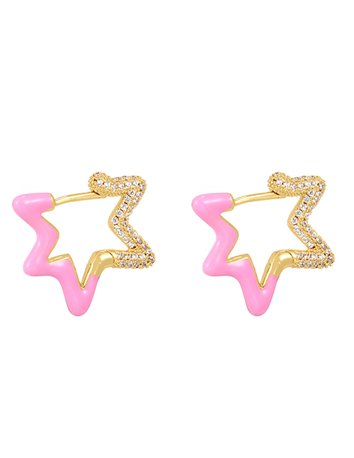 Fashion Pink Brass Set Zircon Drip Oil Star Earrings
