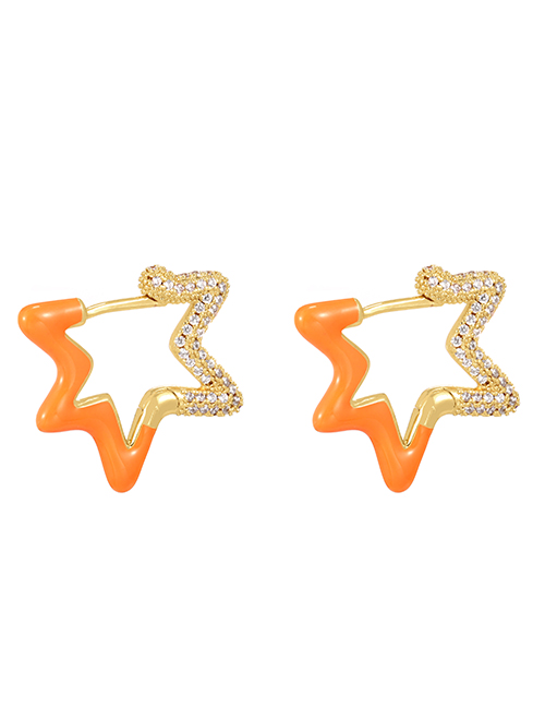 Fashion Orange Brass Set Zircon Drip Oil Star Earrings
