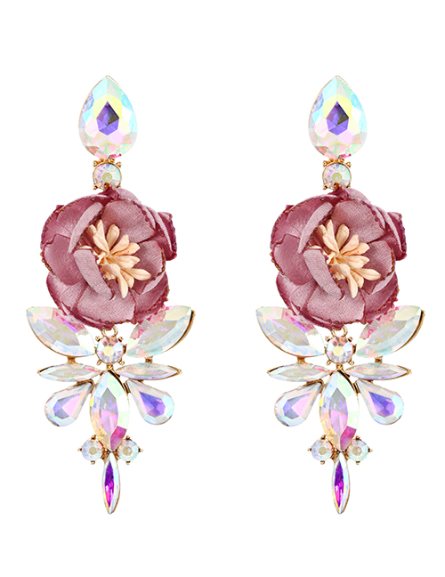 Fashion Leather Pink Alloy Ab Color Water Drop Flower Stud Earrings
