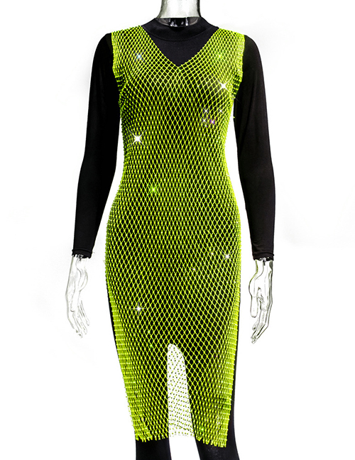 Fashion Fluorescent Green Geometric Mesh Diamond V-neck Slit Dress