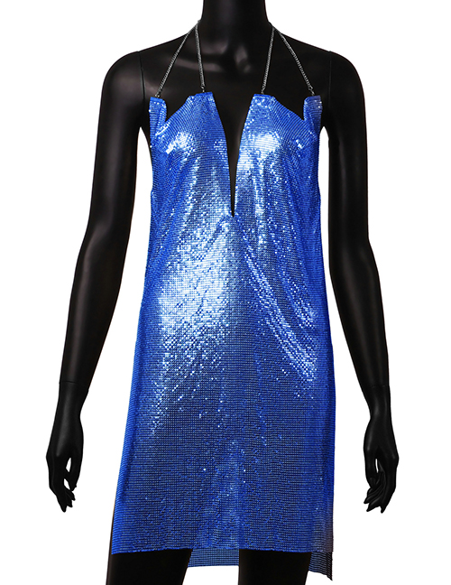 Fashion Royal Blue Metal Halterneck Shimmer Deep V Dress