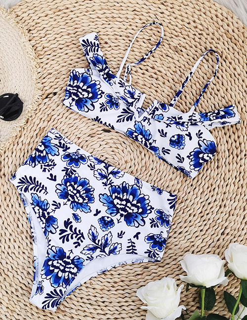Fashion 【bikini Single Shot】blue And White Print Polyester Floral High Waist Split Swimsuit