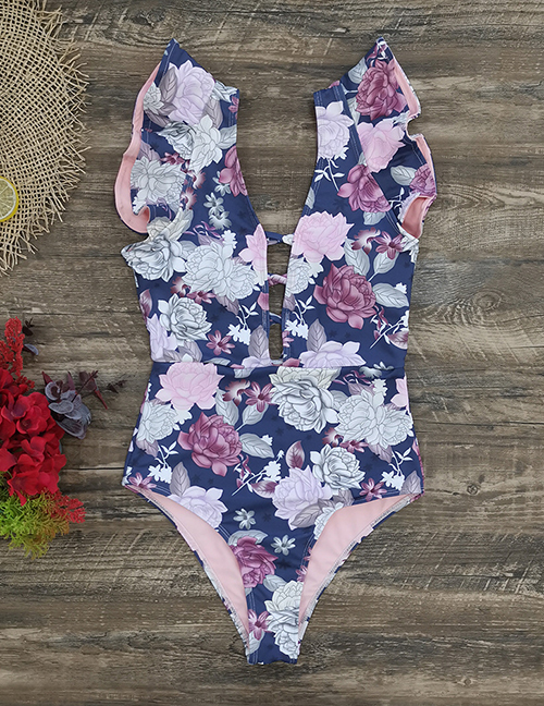 Fashion Blue Flowers Polyester Print Ruffle One-piece Swimsuit