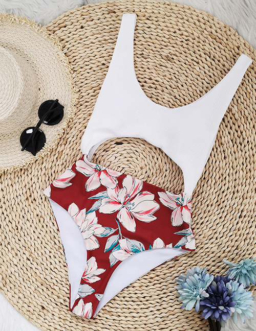 Fashion White Top + White Flowers On Red Background Blend Print Paneled Cutout Swimsuit