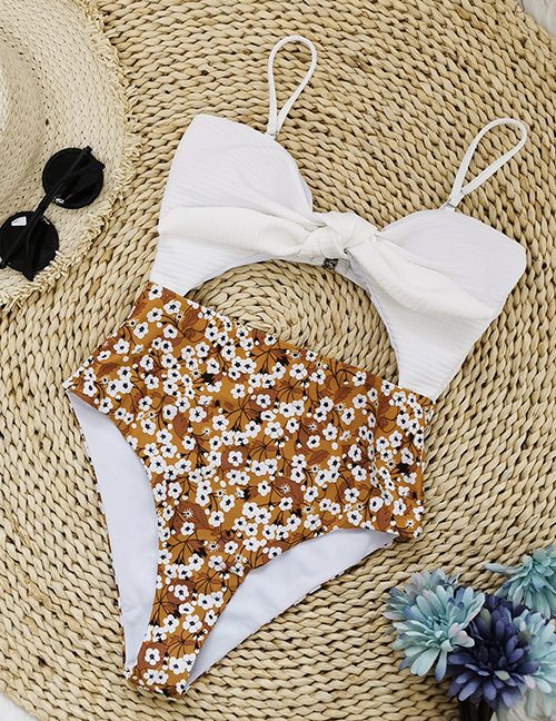 Fashion White Horizontal Stripes + Small Floral Blend Print Paneled Cutout Swimsuit