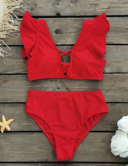 Fashion Red Solid Color Tie Cutout Ruffle Split Swimsuit