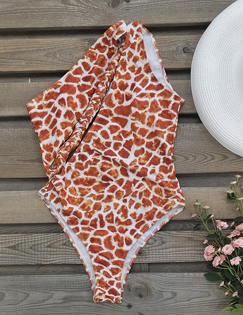 Fashion Yellow And White Printing Polyester Leopard Print Cutout One Piece Swimsuit