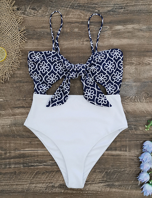 Fashion Blue And White Printing + White Bottoms Polyester Print Panel Cutout One Piece Swimsuit