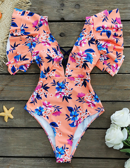 Fashion Flower Geometric Print V-neck Ruffle One-piece Swimsuit